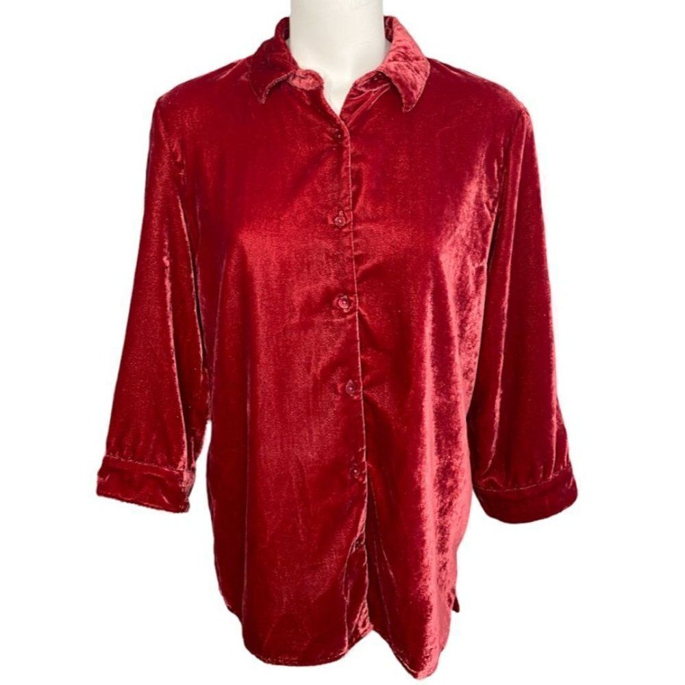 Coldwater Creek Petite Shirt Top‎ Women's MEDIUM PM Red Button-Front Soft Velour